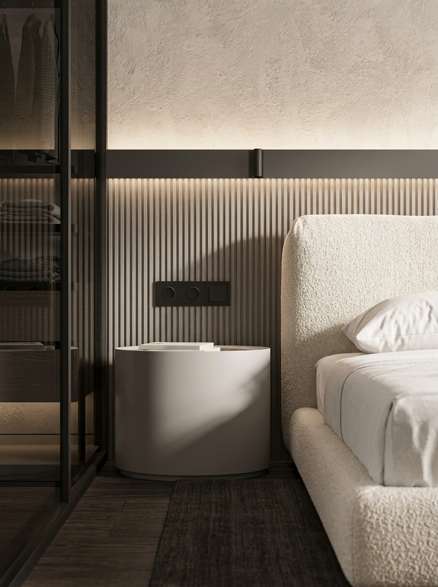 Ultra-luxury contemporary bedroom, warm minimalist styling