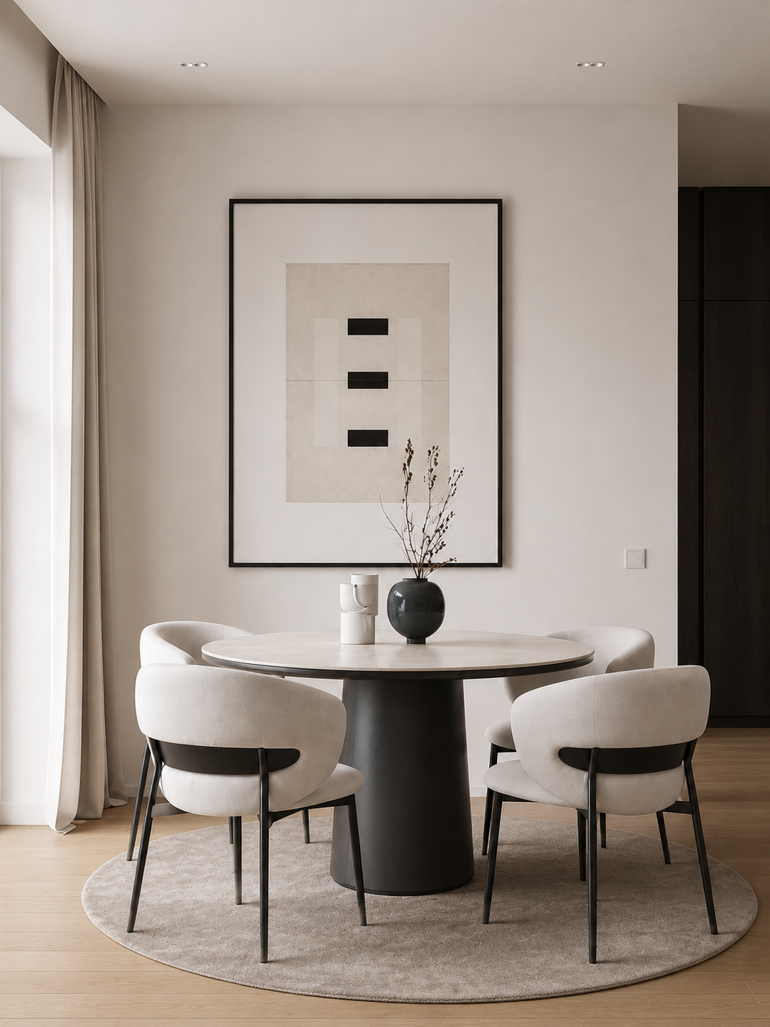 Contemporary dining area with round table, sculptural chairs and framed artwork