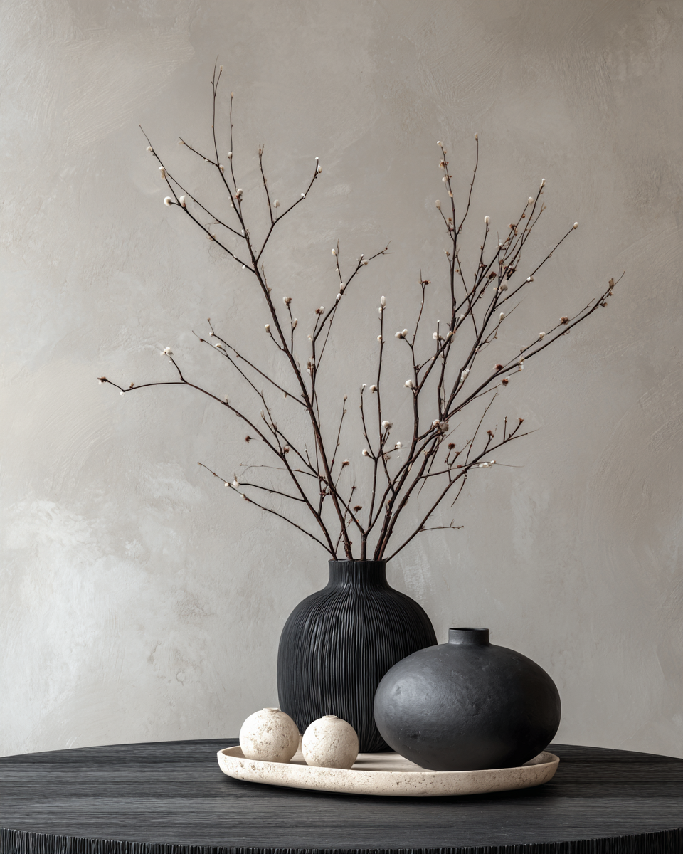 Luxury minimalist still life with matte charcoal stone and sculptural ceramics