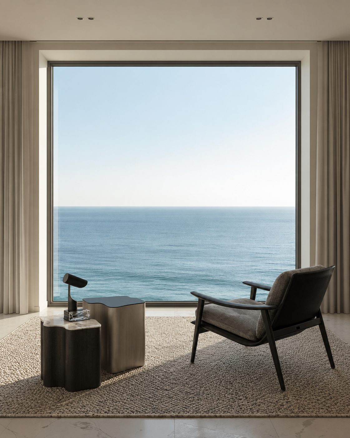 Contemporary Mediterranean interior on the Athens Riviera: a lounge chair by a floor-to-ceiling window overlooking the sea