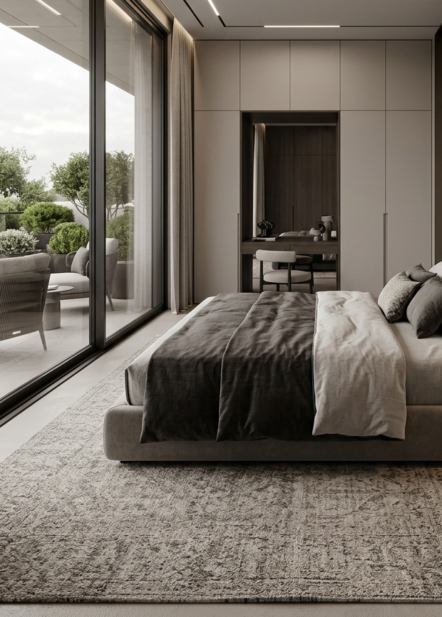 Serene contemporary bedroom with terrace view, turnkey interior design managed for clients abroad