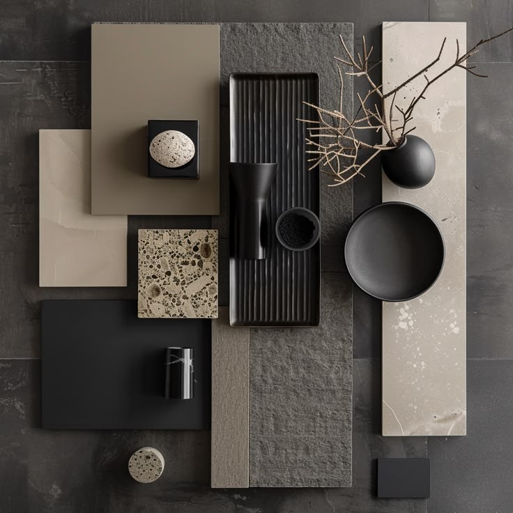 Interior design mood board with natural materials and warm beige palette