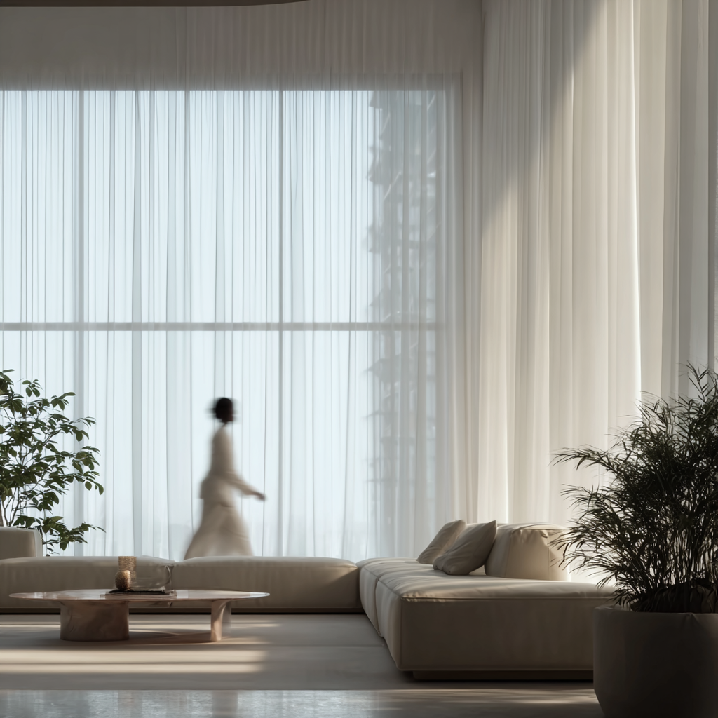 Full interior design project, airy minimalist living room with sheer curtains and low sofa