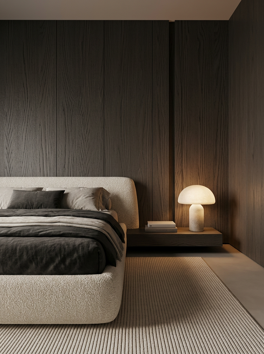 Photorealistic 3D render of a warm minimalist bedroom with dark oak paneling