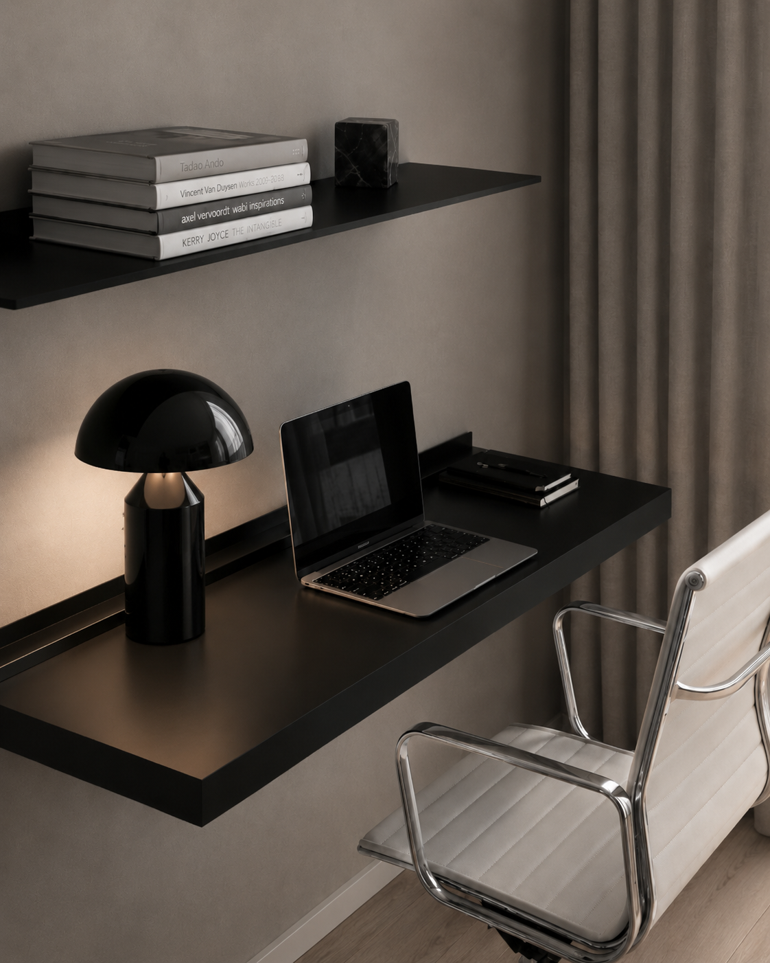 Single room interior design concept, study corner with floating desk and dome lamp